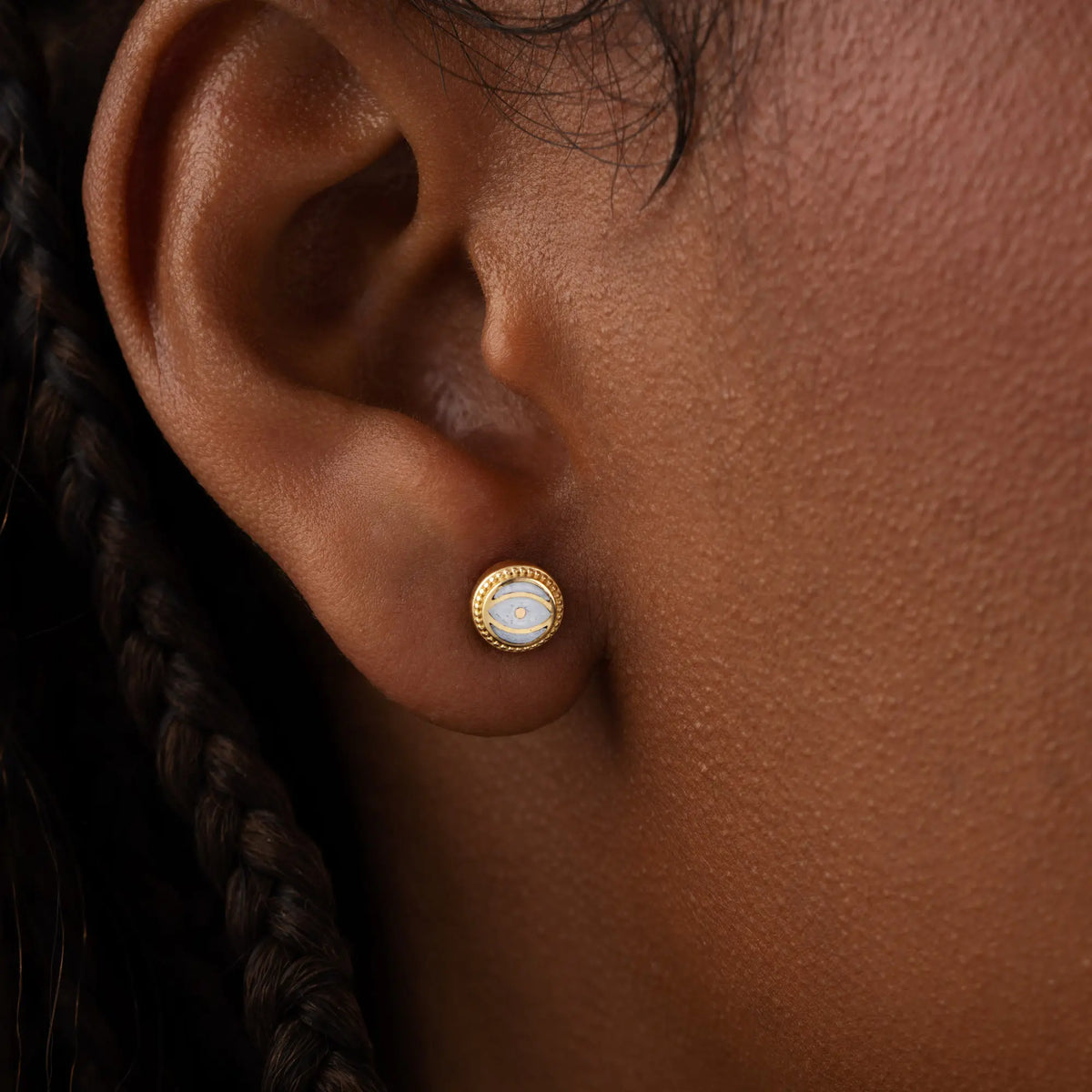 Lunar Sentinel Moonstone June Birthstone Evil Eye Gold Stud Earrings