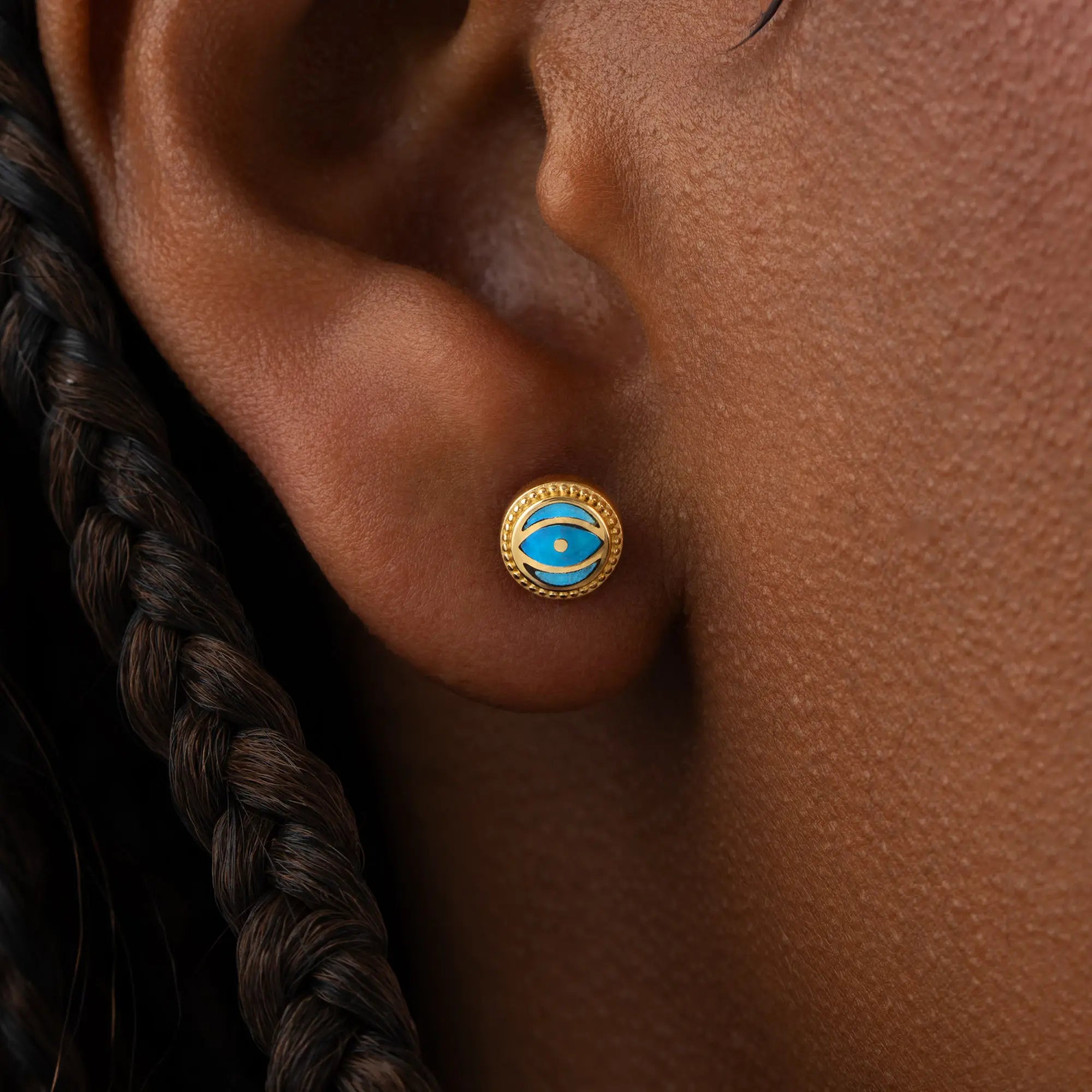 Ocean Watch Aquamarine March Birthstone Evil Eye Gold Stud Earrings
