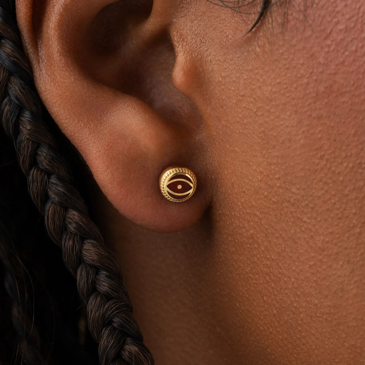 Crimson Shield Garnet January Birthstone Evil Eye Gold Stud Earrings