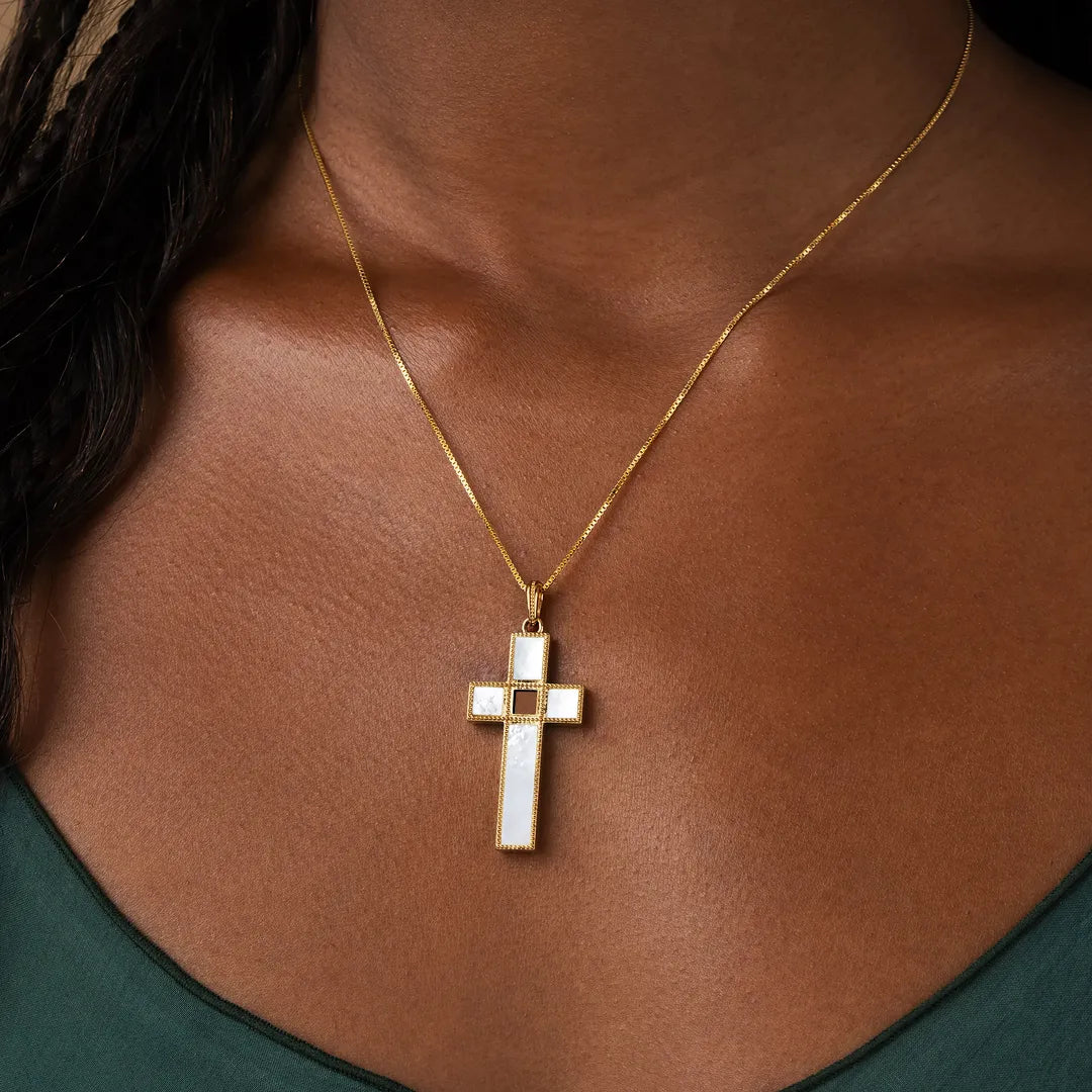Radiant Harmony Mother of Pearl Cross Bible Nano Chip Necklace