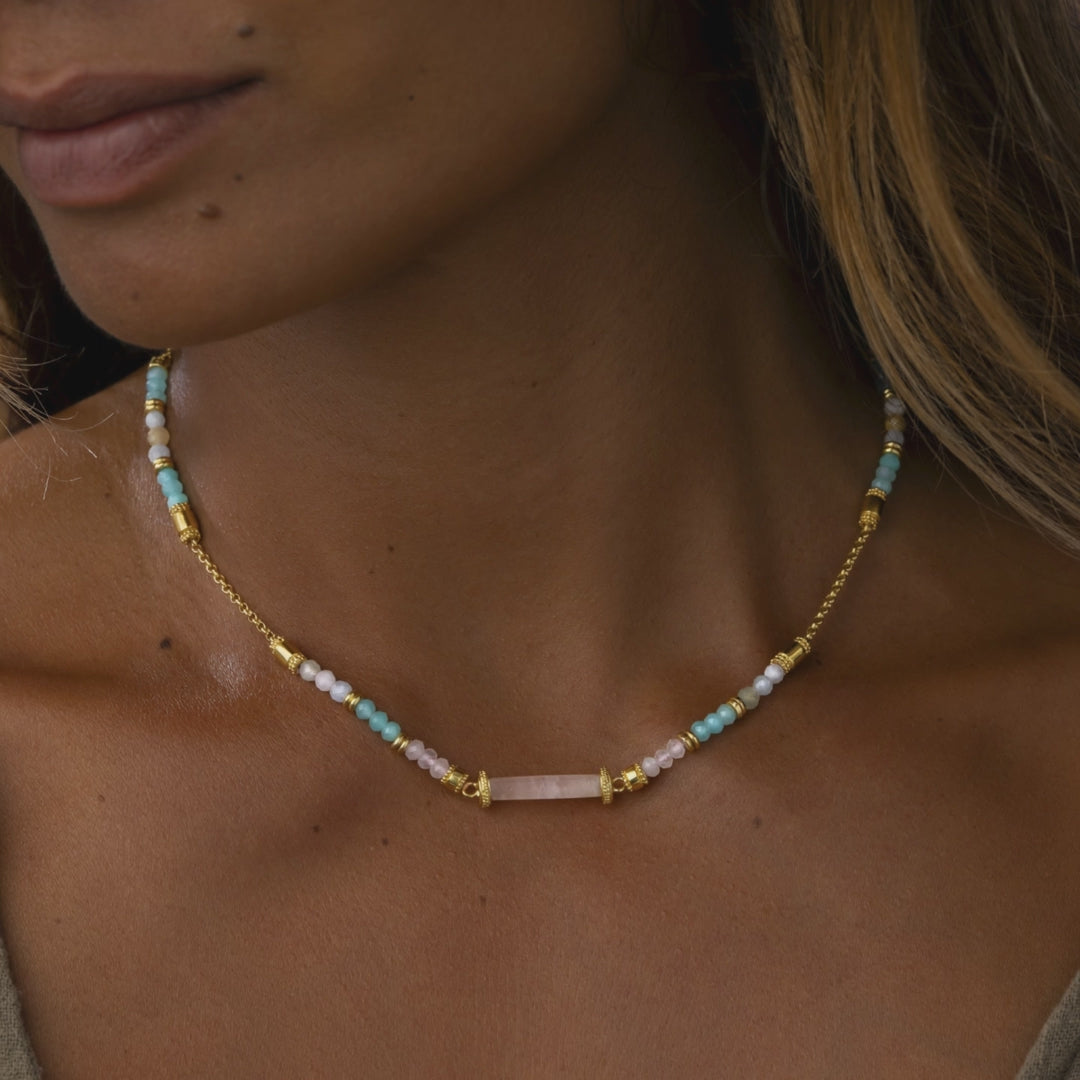 Nurturing Energy Rose Quartz Center Tube Beaded Necklace – image 4