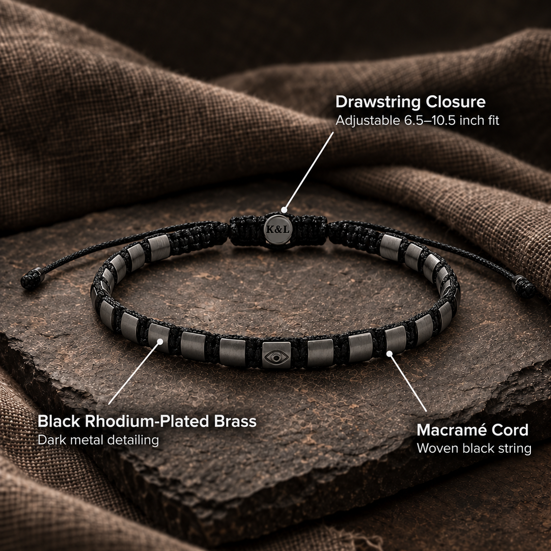Quiet Strength Black Rhodium Macramé Bracelet – key features