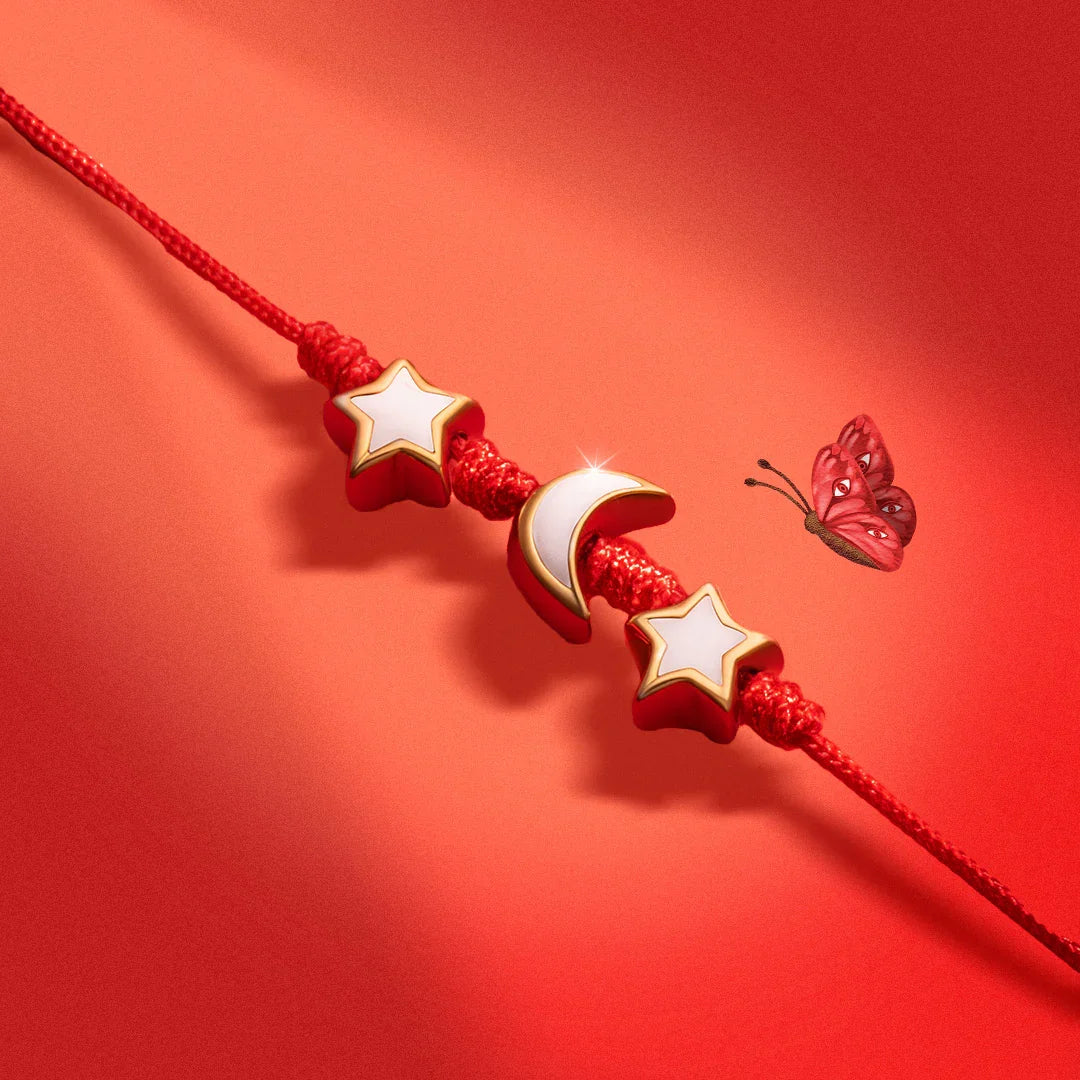 Cosmic Power White Enamel Moon & Stars Red String Bracelet