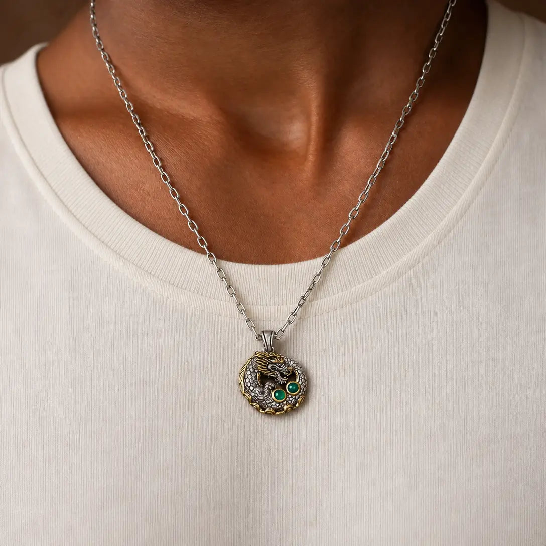 Dragon’s Fortune Sterling Silver Jade Pendant Necklace