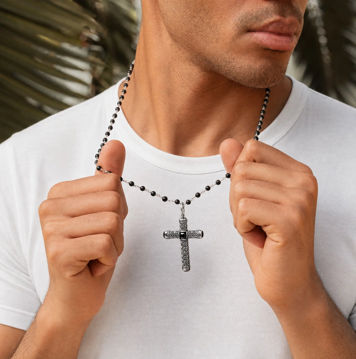 Profound Belief Silver Matte Onyx Cross Charm Necklace
