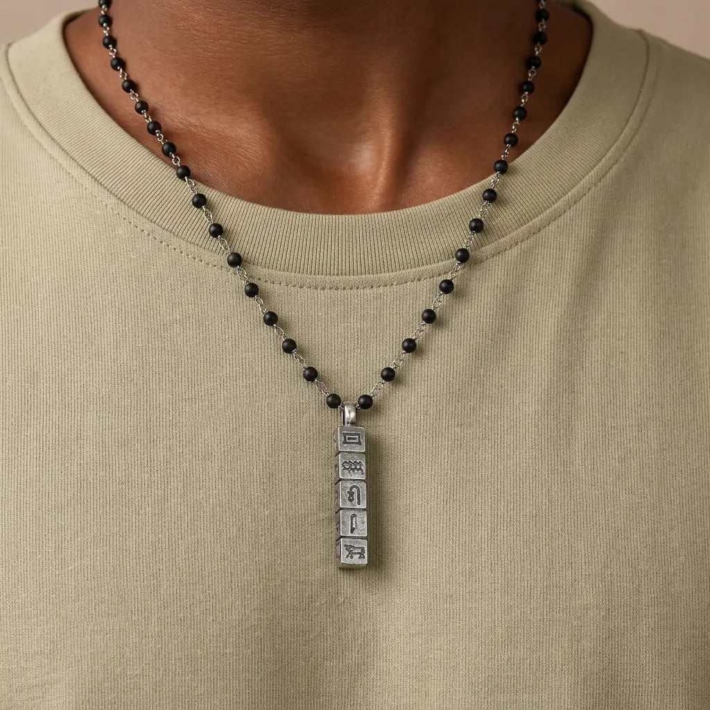 Timeless Legacy Wood Hieroglyphics Charm Silver Necklace