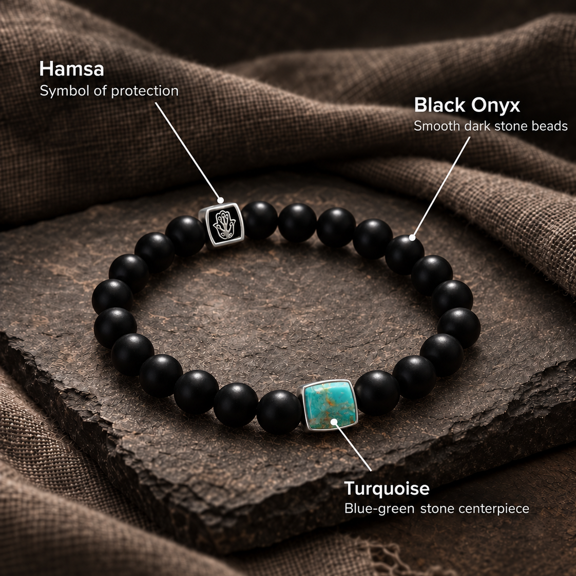 Serene Skies Turquoise & Black Onyx Hamsa Bracelet – key features