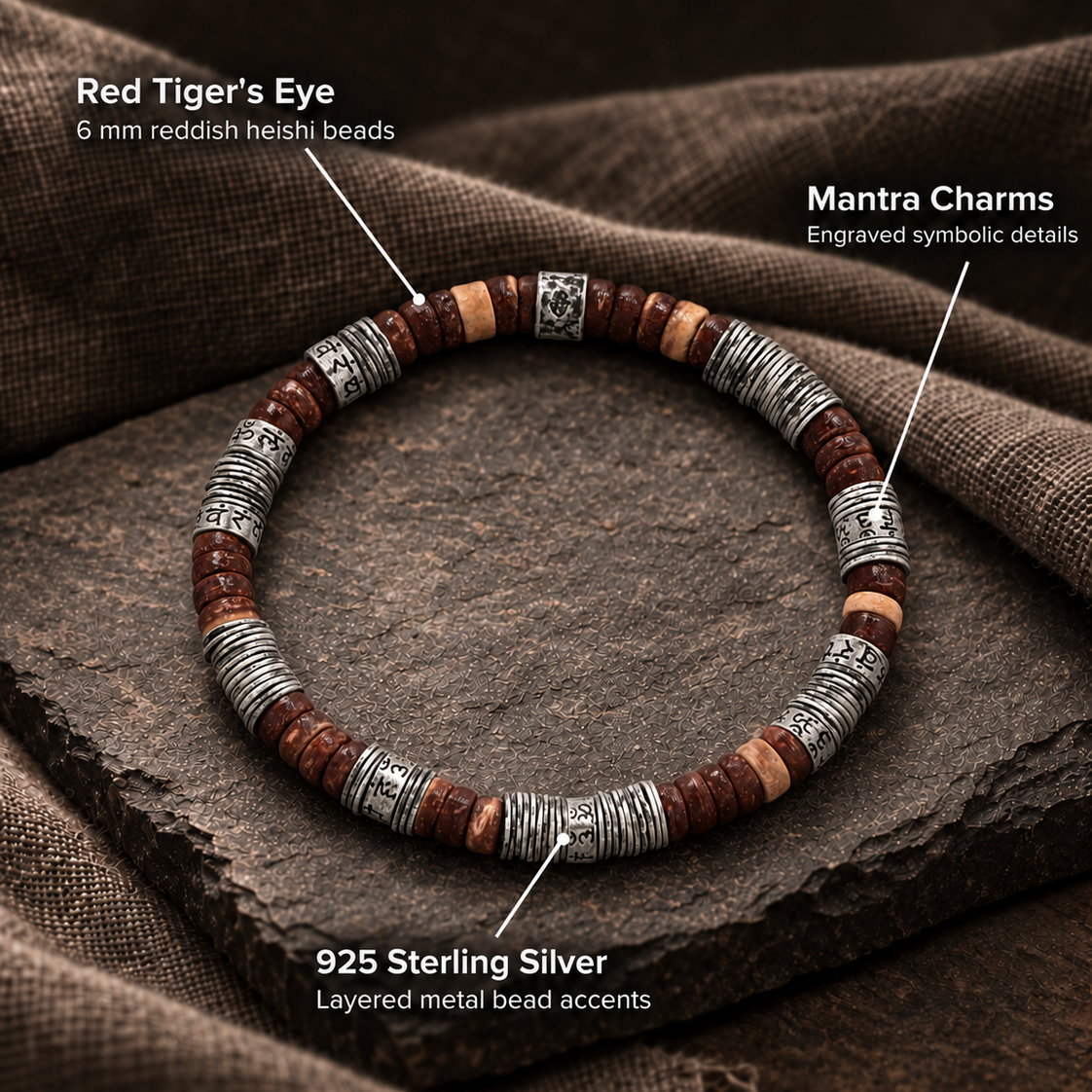 The Awakening Red Tiger Eye Mantra Heishi Silver Bracelet – key features