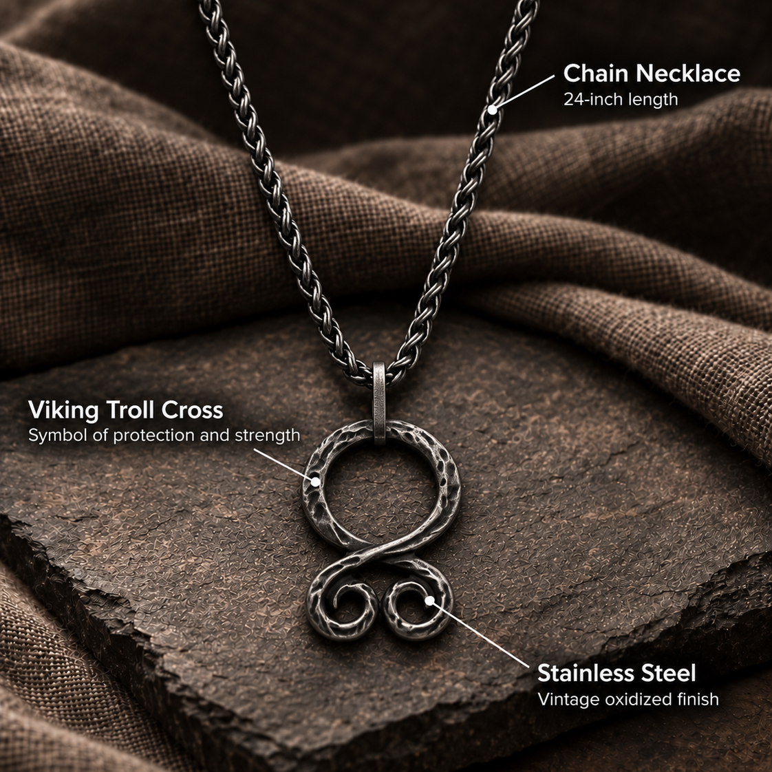 Vintage Oxidized Stainless Steel Viking Troll Cross Necklace – key features