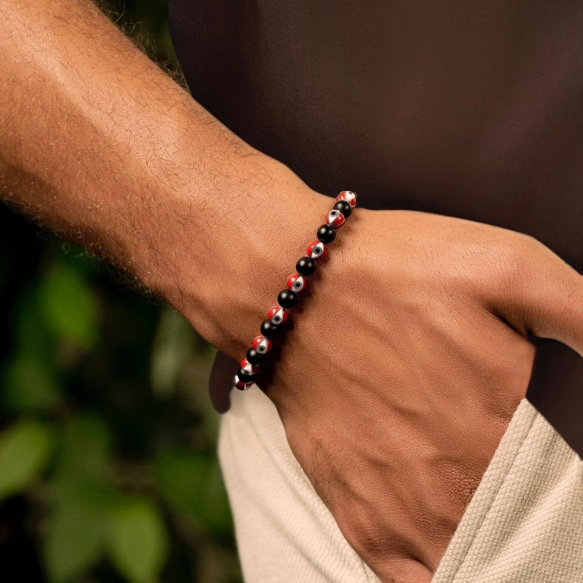 Karma and Luck  Bracelets - Mens  -  Spiritual Vigor - Red Enamel Matte Onyx Evil Eye Bracelet