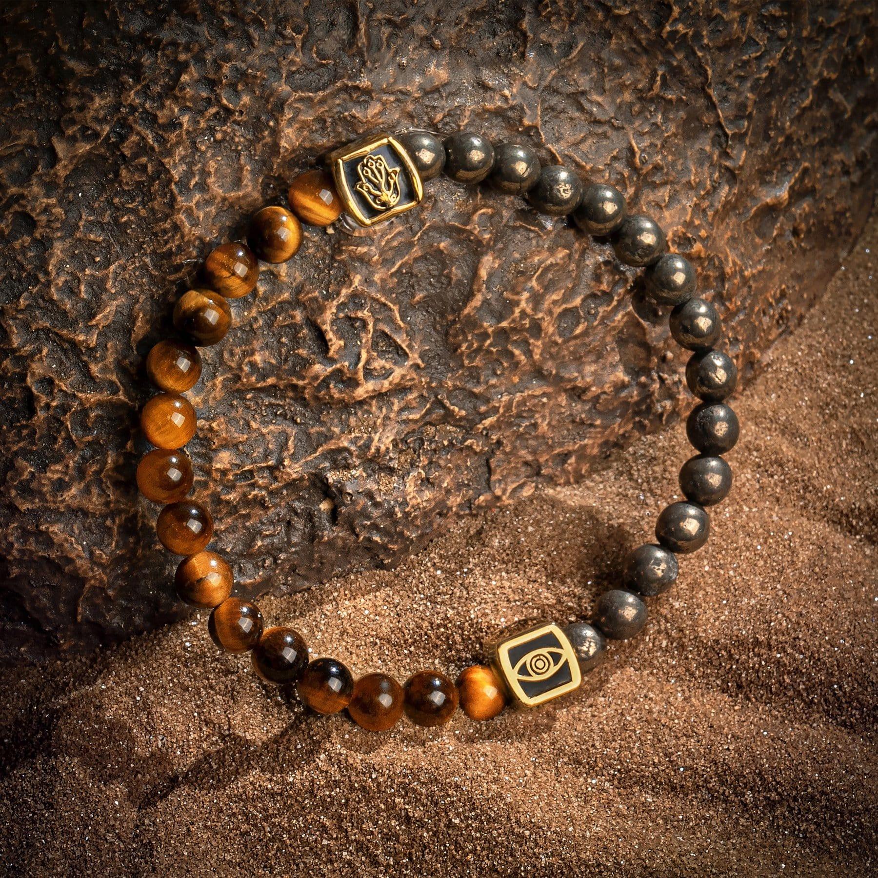Karma and Luck  Bracelet  -  Ancient Warrior - Tiger's Eye Pyrite Evil Eye Hamsa Charm Bracelet