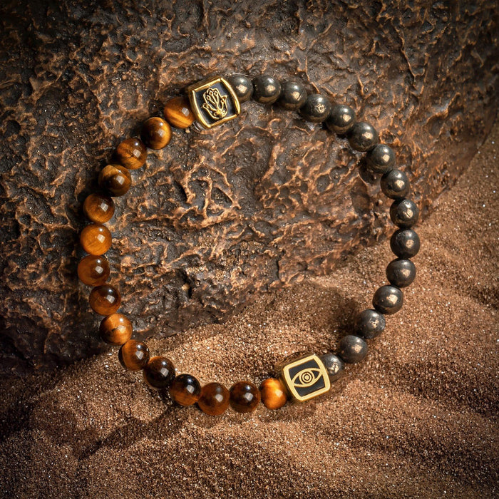 Karma and Luck  Bracelet  -  Ancient Warrior - Tiger's Eye Pyrite Evil Eye Hamsa Charm Bracelet