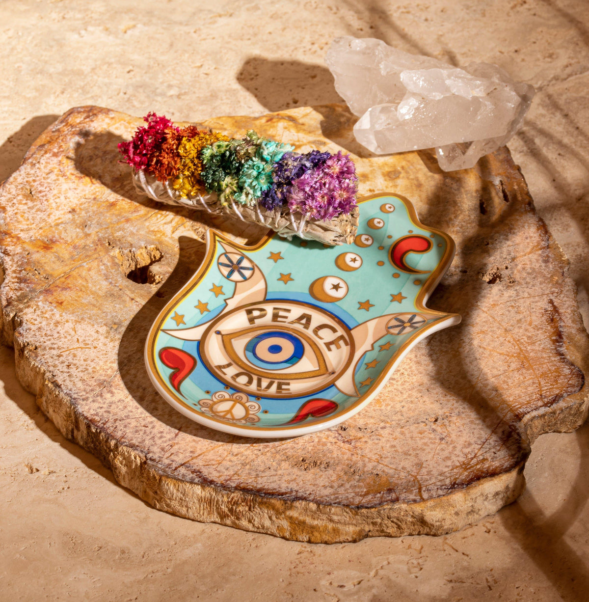 Karma and Luck  Home Decor  -  Balanced Spirit - Peace & Love Hamsa Plate 7 Chakra White Sage Box