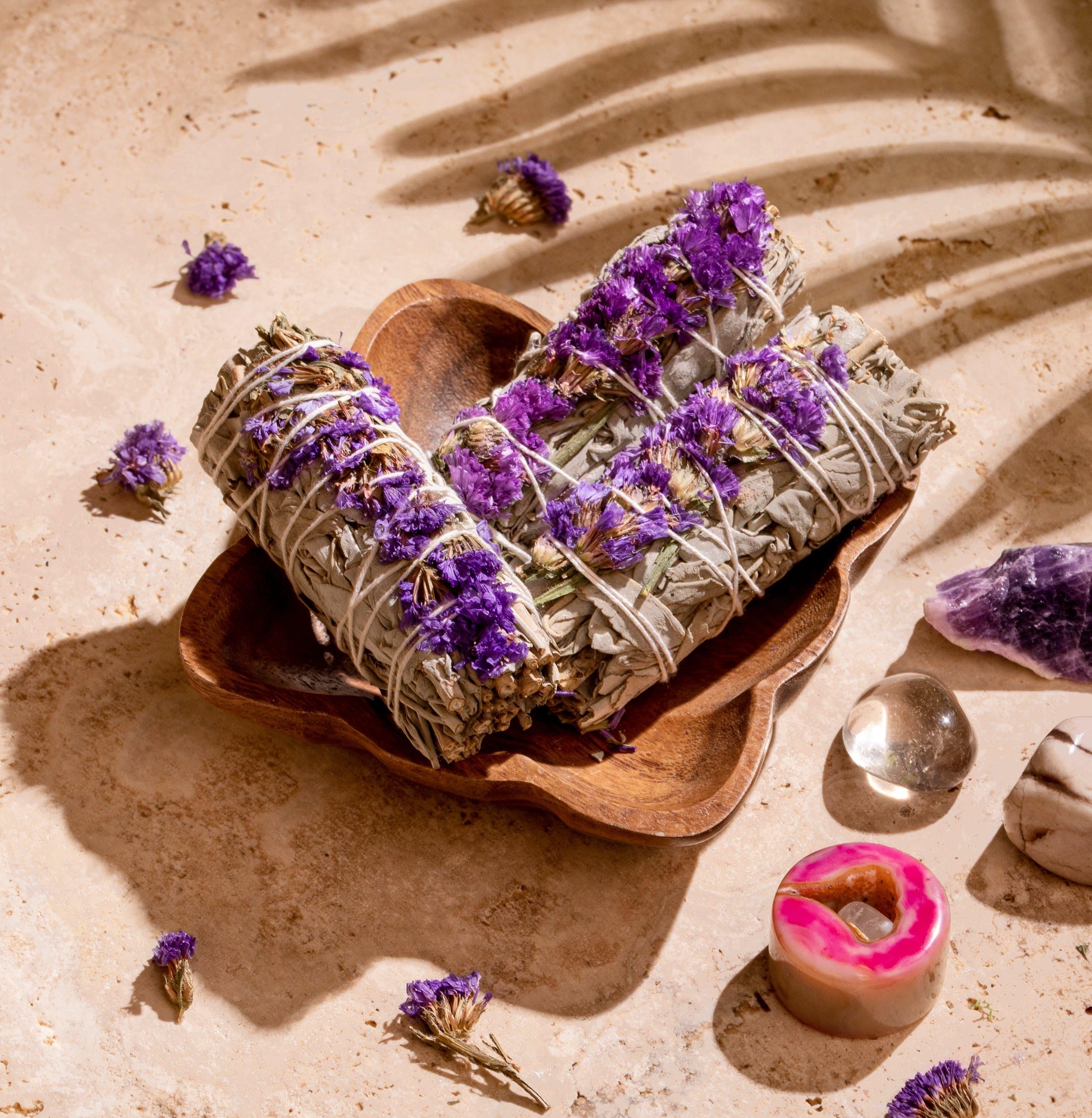 Karma and Luck  Home Decor  -  Spiritual Essence - Purple Sinuata Flower White Sage Box
