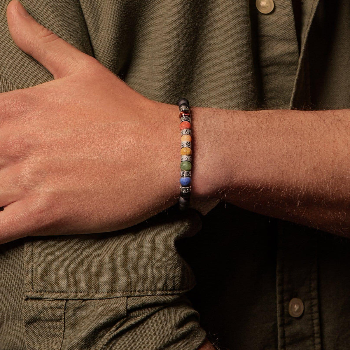Karma and Luck  Bracelet  -  Vigorous Growth - Matte Onyx Jasper Chakra Barrel Bracelet