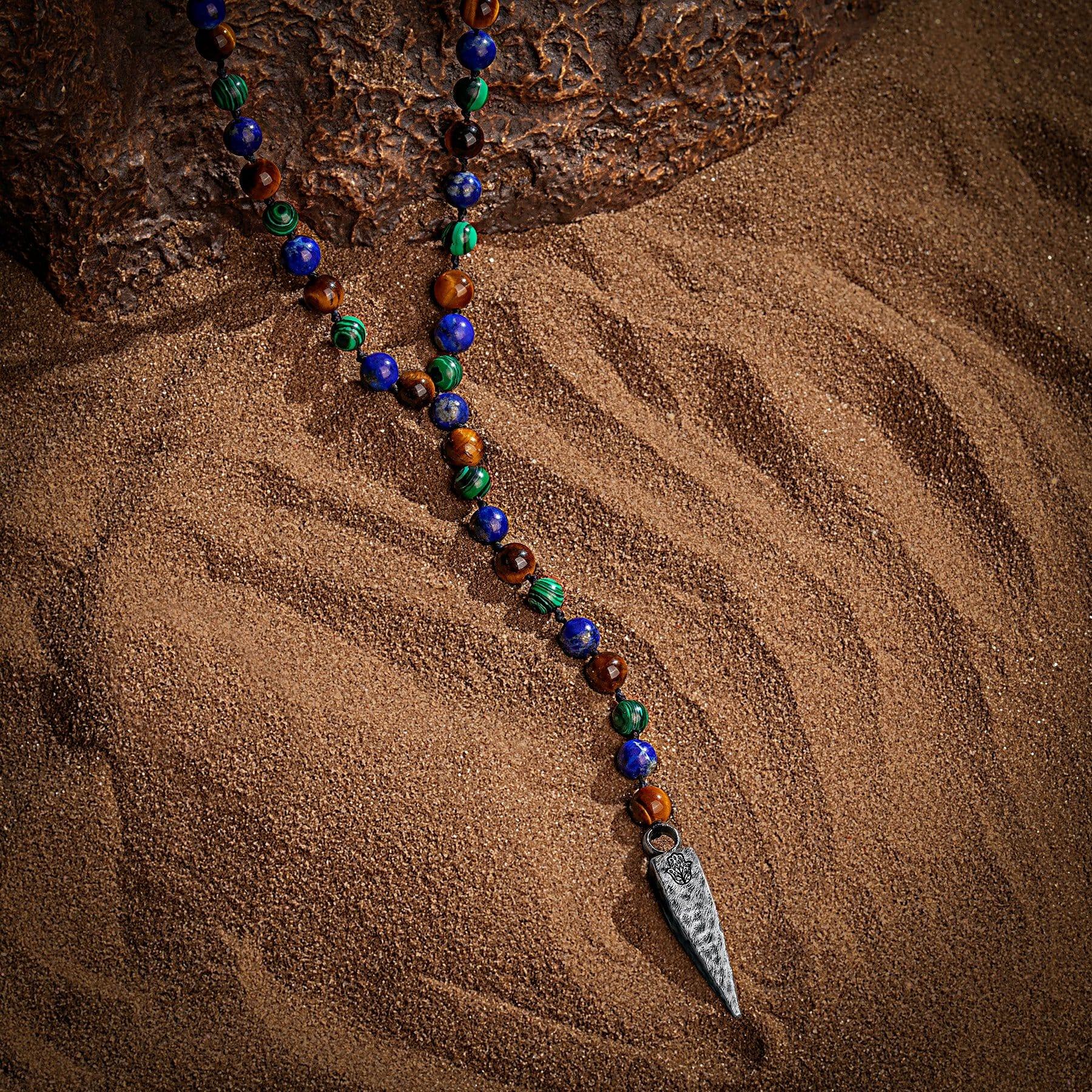 Karma and Luck  Necklace  -  Spiritual Strength - 4 Symbol Tiger's Eye Lapis Malachite Necklace