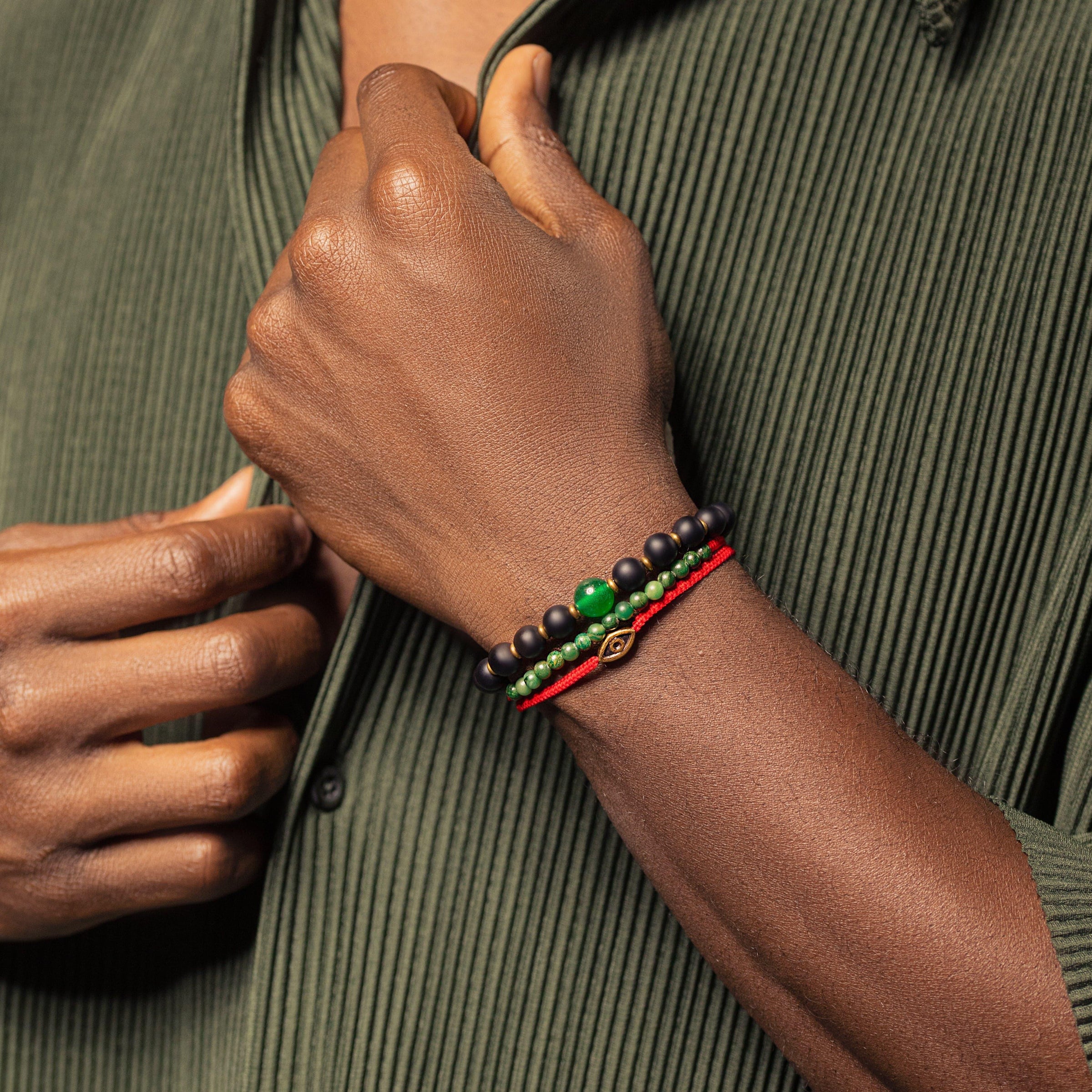 Karma and Luck  Bracelets - Mens  -  Fiery Luck - Jade Evil Eye Charm Wrap