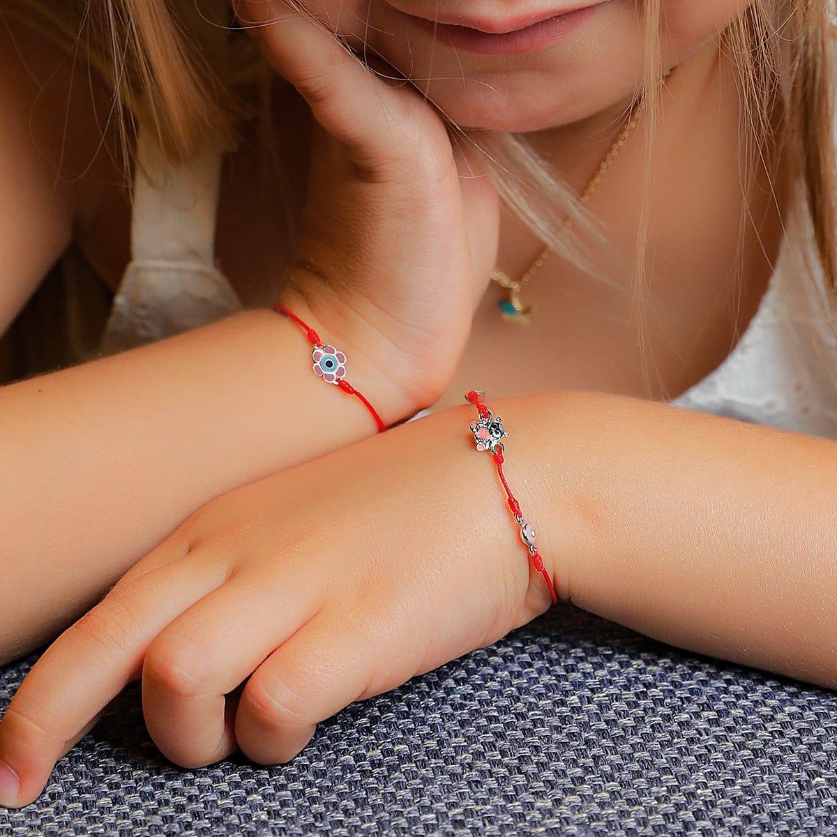 Karma and Luck  Bracelet  -  Sincere Mind - Silver Teddy Evil Eye Kids Red Bracelet