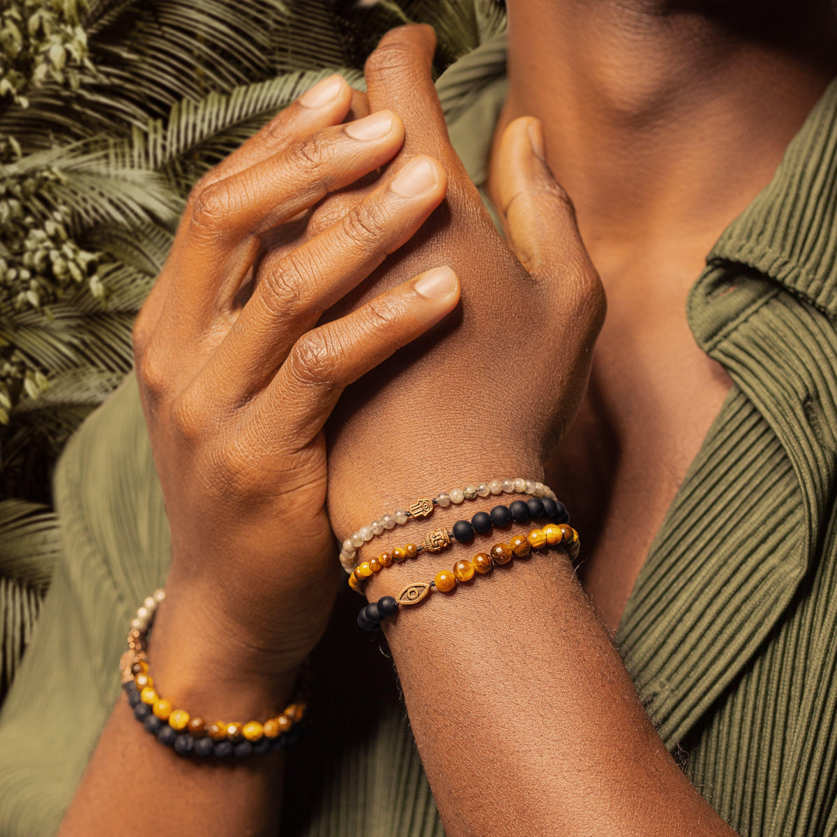 Karma and Luck  Bracelets - Mens  -  Ultimate Prosperity - Onyx Labradorite Tiger's Eye Triple Protection Wrap