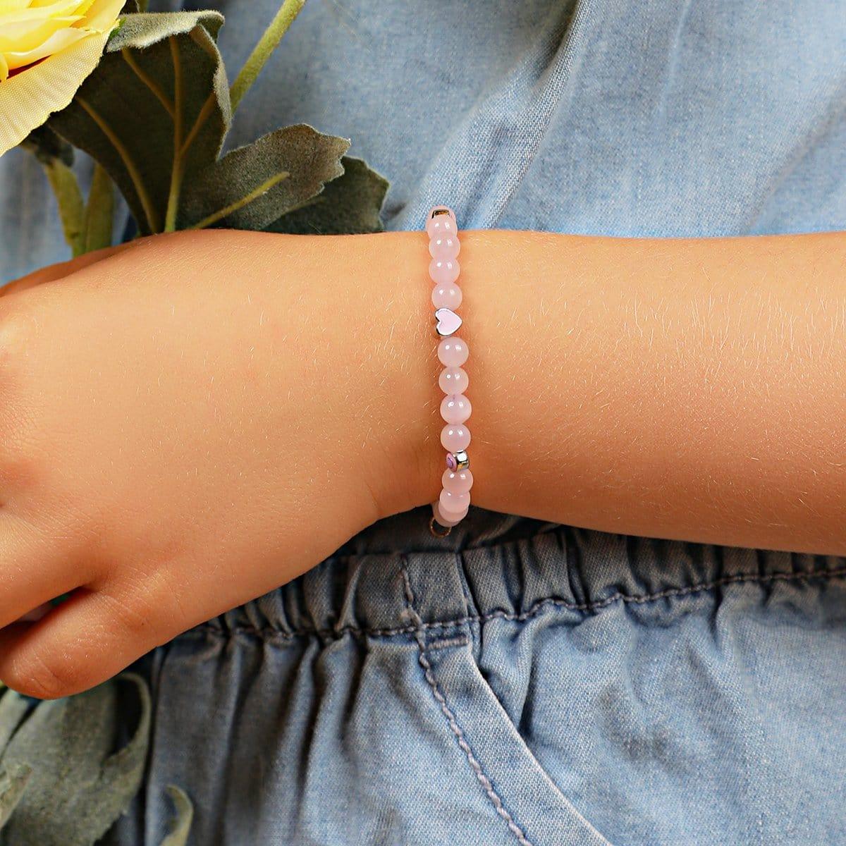 Karma and Luck  Bracelet  -  Cheerful Love - Rose Quartz Heart Charm Kids Bracelet