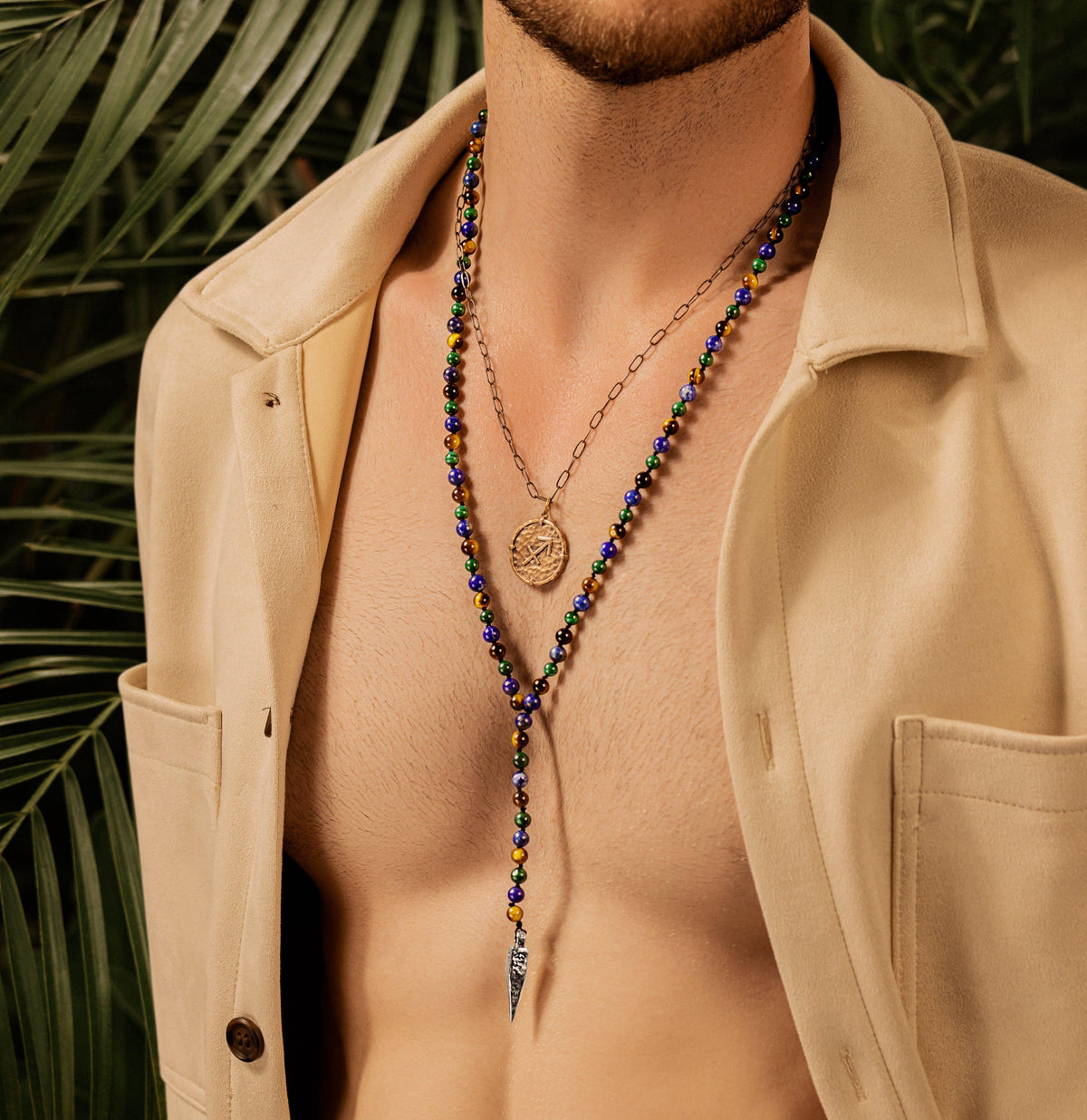 Karma and Luck  Necklaces - Mens  -  Spiritual Strength - 4 Symbol Tiger's Eye Lapis Malachite Necklace