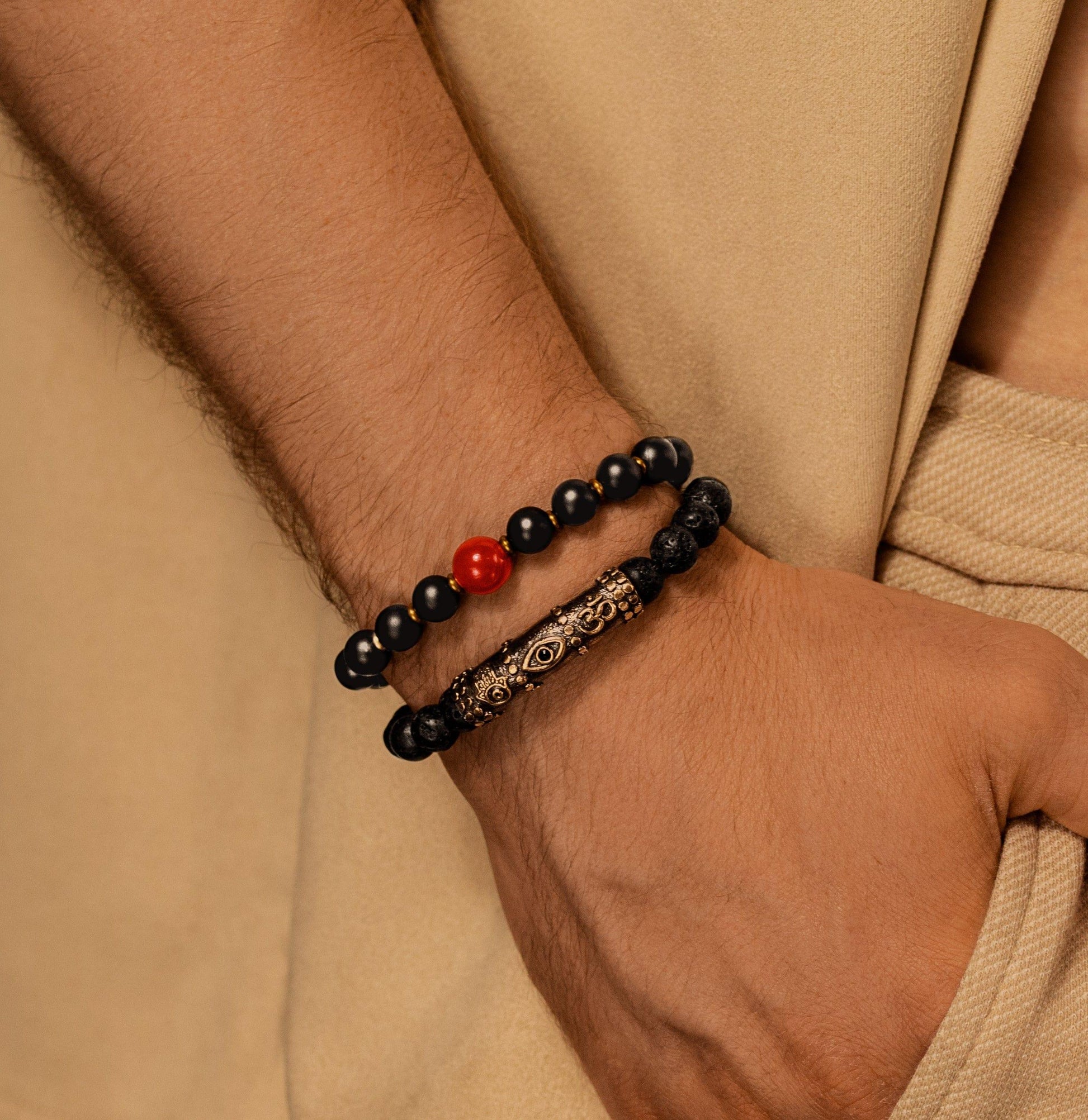 Karma and Luck  Bracelets - Mens  -  Enduring Strength - Triple Protection Lava Bead Bracelet