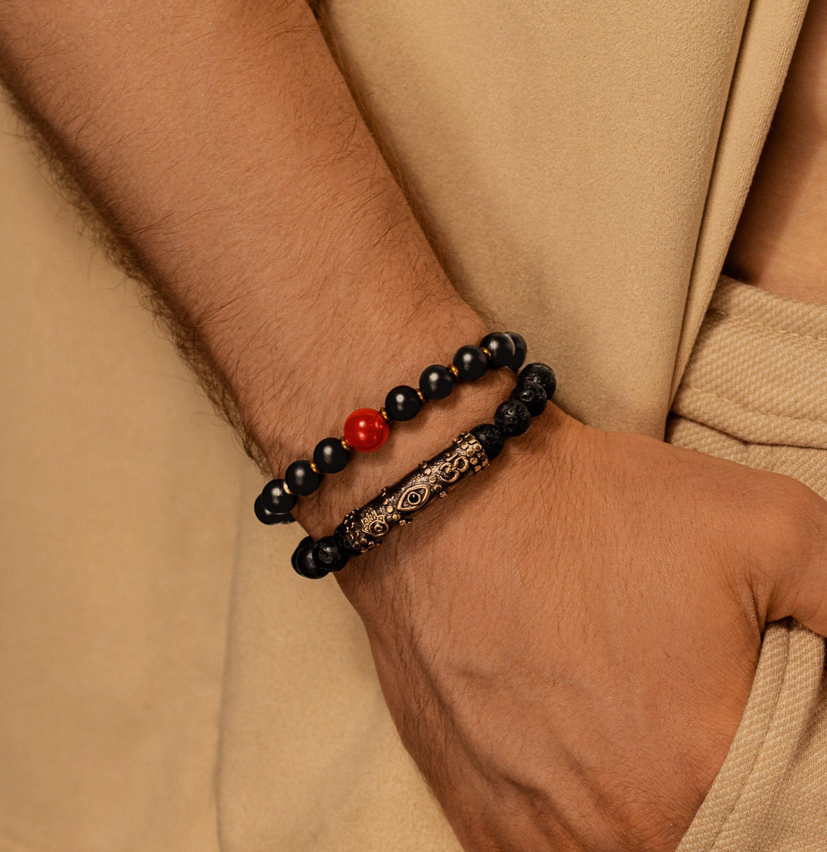 Karma and Luck  Bracelets - Mens  -  Enduring Strength - Triple Protection Lava Bead Bracelet