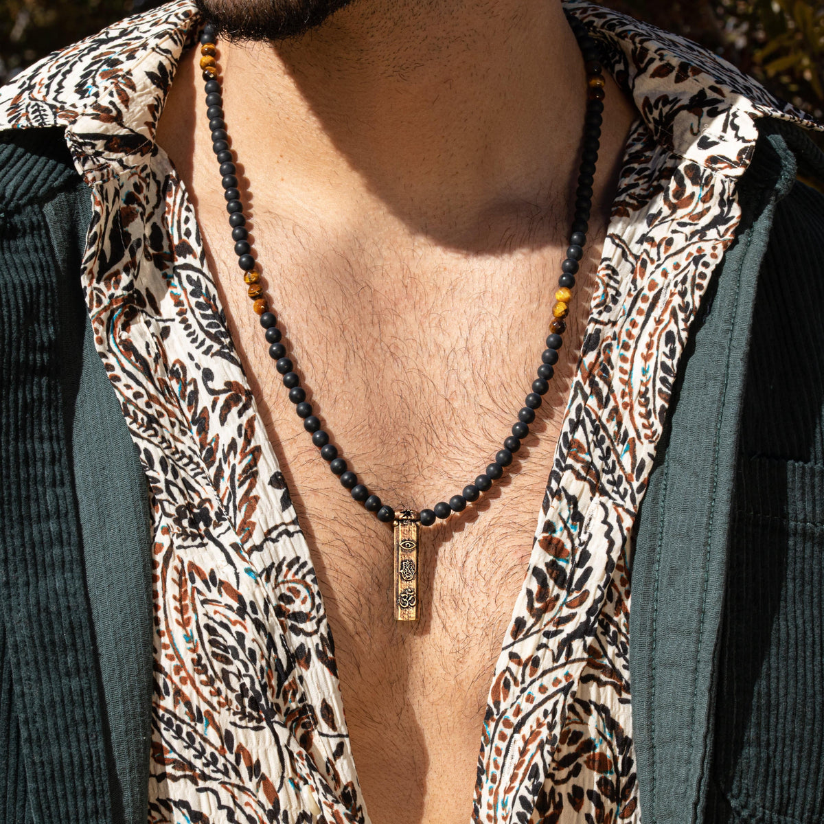 Karma and Luck  Necklaces - Mens  -  Divine Energy - Onyx Tiger's Eye Triple Protection Necklace