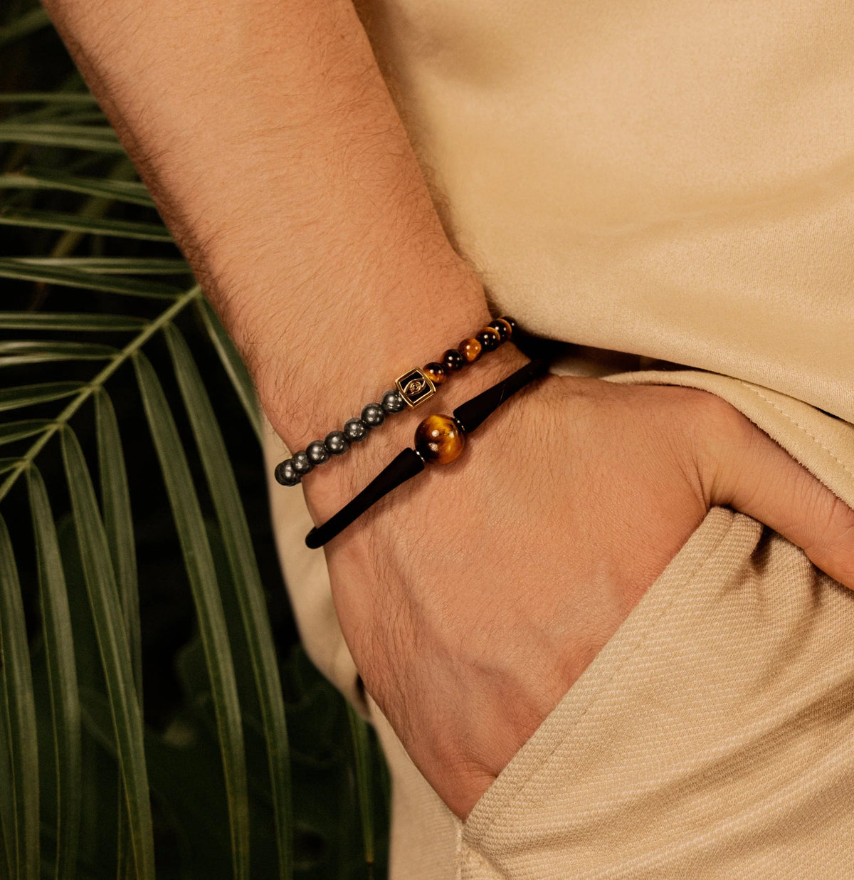 Karma and Luck  Bracelets - Mens  -  Ancient Warrior - Tiger's Eye Pyrite Evil Eye Hamsa Charm Bracelet