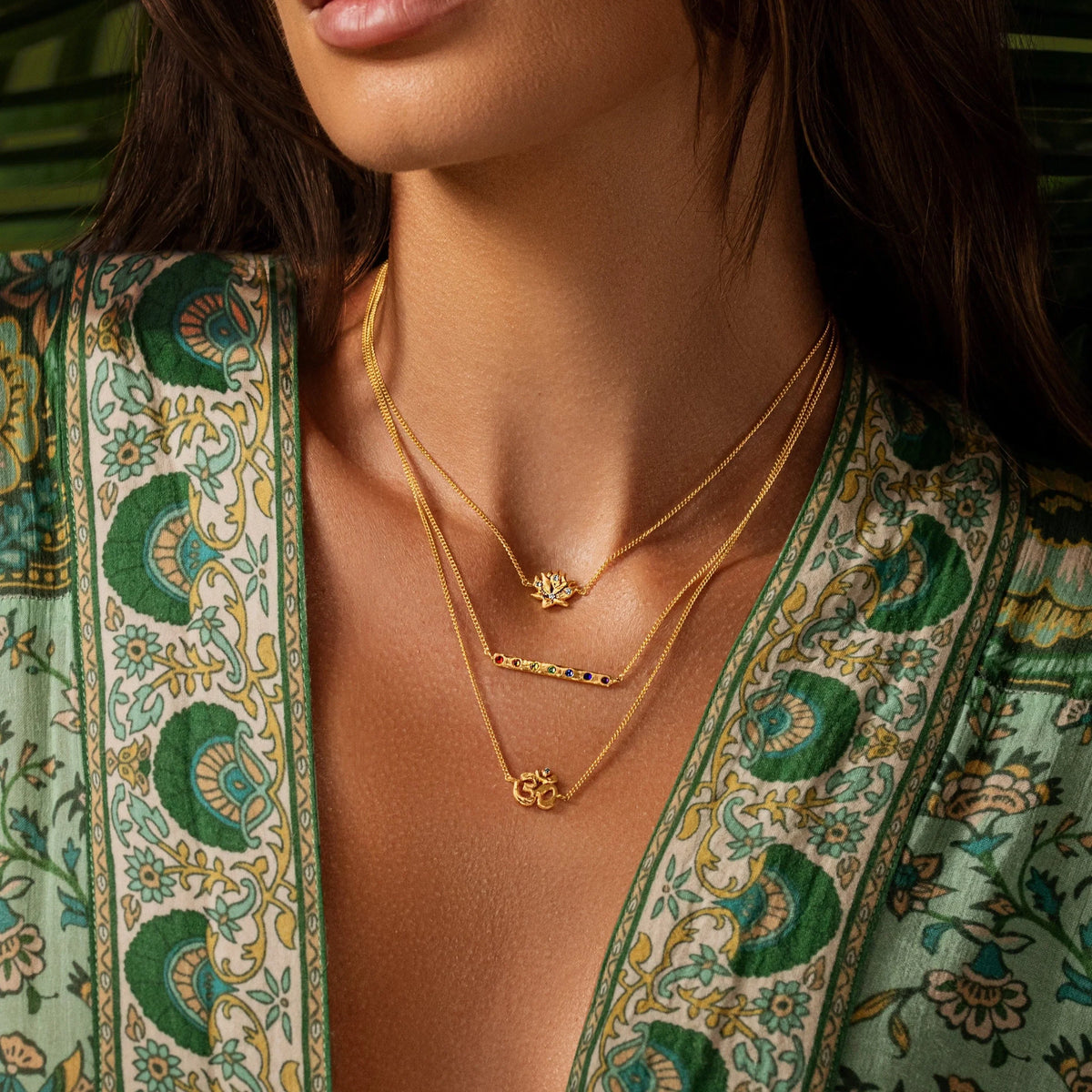 Karma and Luck  Necklaces - Womens  -  Aligned in Serenity - Lotus OM Chakra Bar Triple Layer Necklace