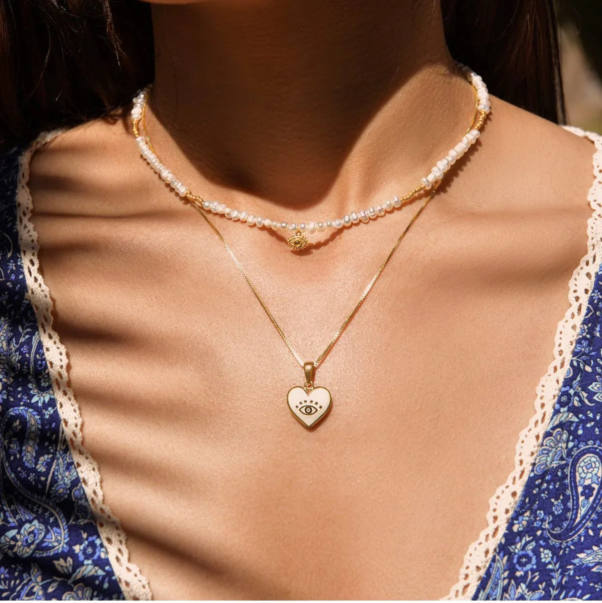 Karma and Luck  Necklaces - Womens  -  Lovely Light - Evil Eye & Diamond White Enamel Heart Necklace