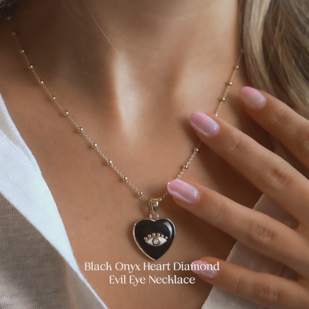 With every step, take comfort in knowing the divine love of the Universe protects you. Our brilliant "Grounded in Love - Black Onyx Heart Diamond Evil Eye Necklace" will infuse love and spiritual protection into all areas of your life.