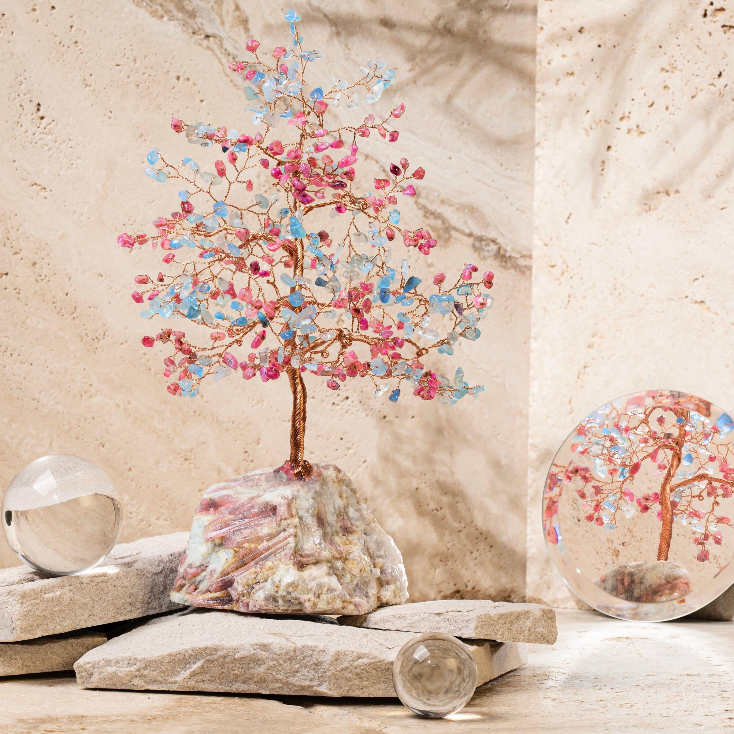 Karma and Luck  Tree of life  -  Soothing Optimism - Pink Tourmaline Aquamarine Feng Shui Tree of Life
