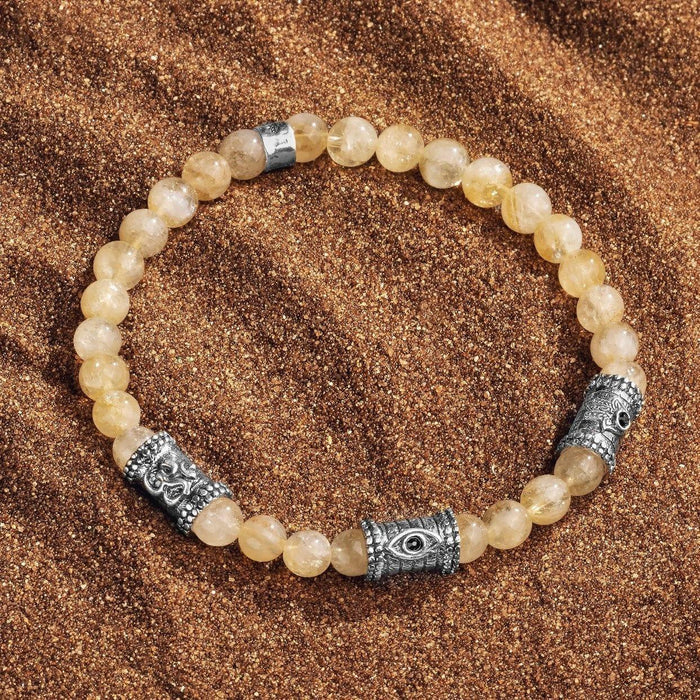 Karma and Luck  Bracelets - Mens  -  SS Three Tube Hamsa Eye OM Citrine Bracelet
