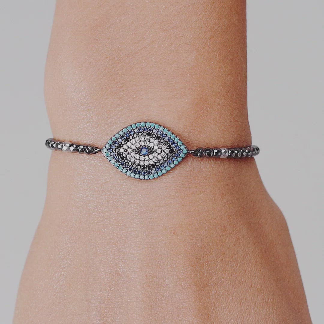Hematite Evil Eye Charm Bracelet - evil eye stone - karma and luck - Bright Outlook 