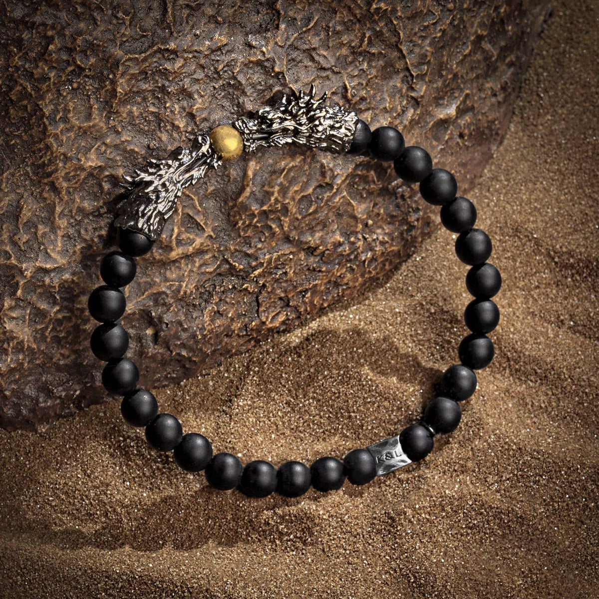 Karma and Luck  Bracelet  -  Fearless Protection - Matte Onyx Dragon Charm Bracelet