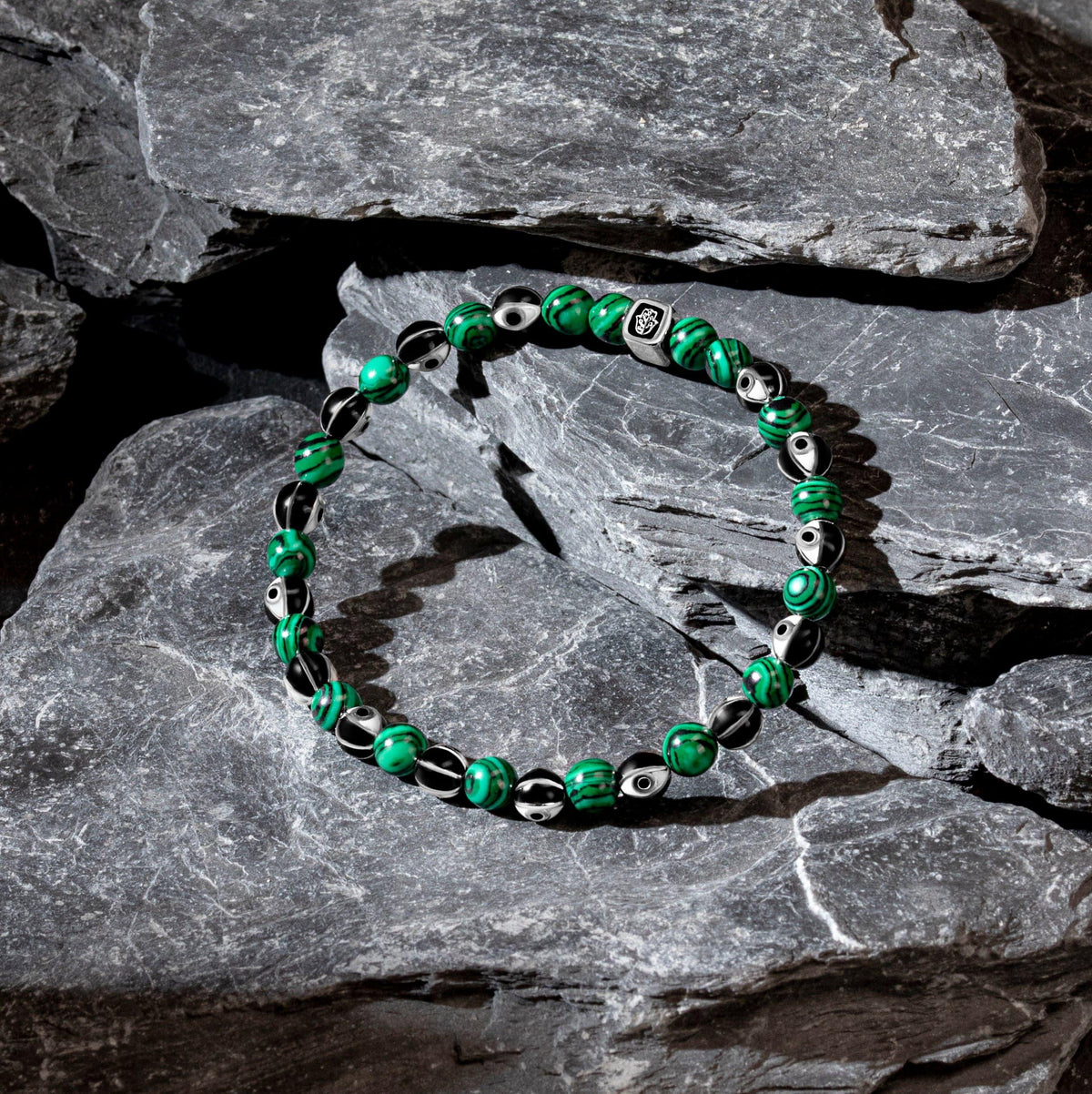 Karma and Luck  Bracelets - Mens  -  Abundant Transformation - Black Enamel Malachite Evil Eye Bracelet