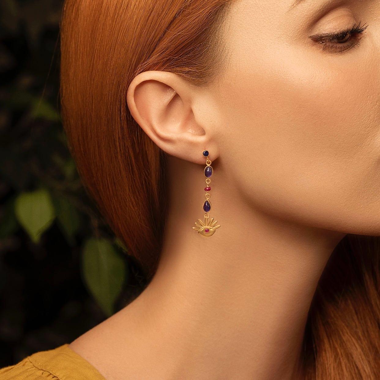 Karma and Luck  Earrings - Womens  -  Fiery Intuition - Amethyst & Ruby Evil Eye Drop Earrings