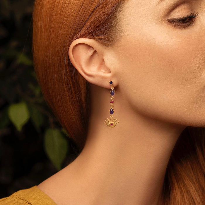 Karma and Luck  Earrings - Womens  -  Fiery Intuition - Amethyst & Ruby Evil Eye Drop Earrings