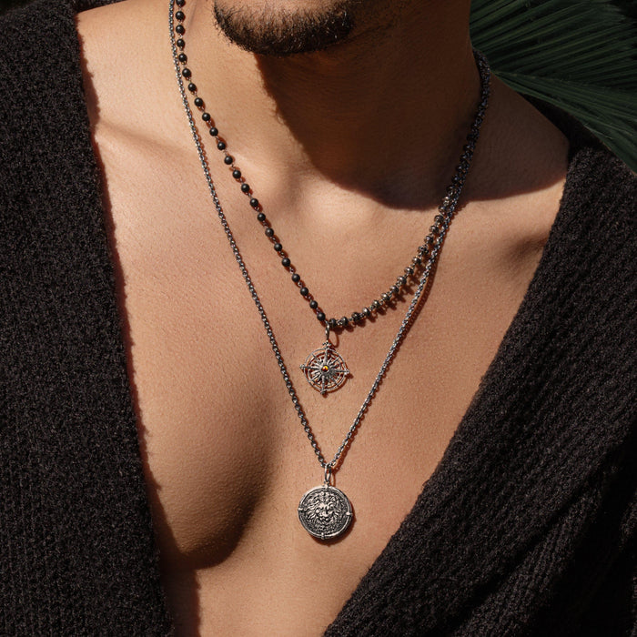 Karma and Luck  Necklaces - Mens  -  Personal Strength - Silver Gunmetal Lion Medallion Necklace