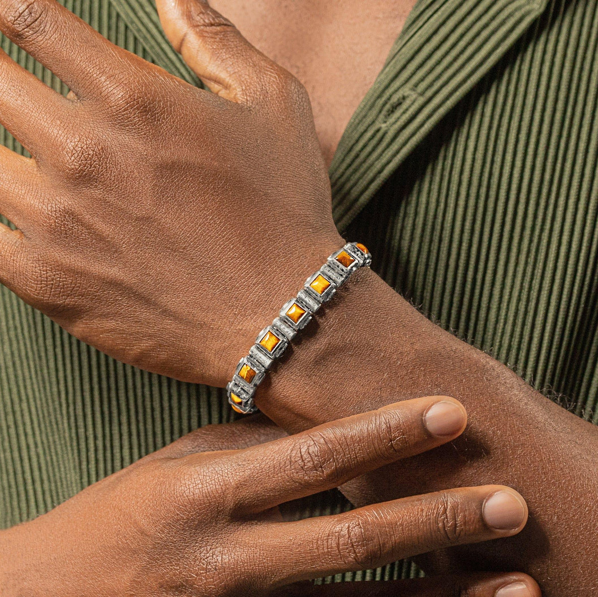 Karma and Luck  Bracelets - Mens  -  Sterling Silver Oxy Mantra Bracelet  Tiger Eye