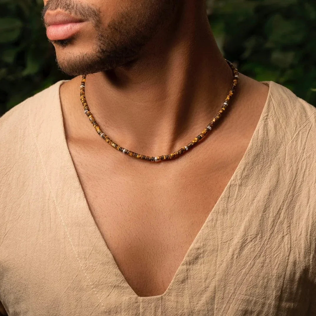 Karma and Luck  Necklaces - Mens  -  Bold Heart - Tiger's Eye Heishi Choker Necklace