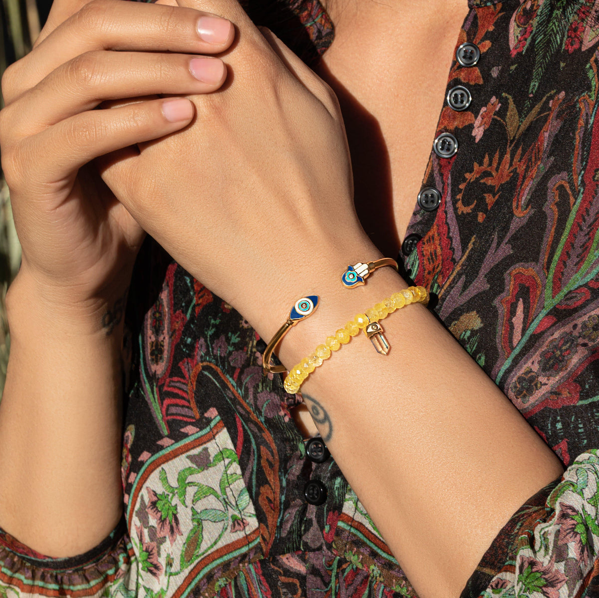 Karma and Luck  Bracelets - Womens  -  Positive Light - Enamel Hamsa Evil Eye Cuff