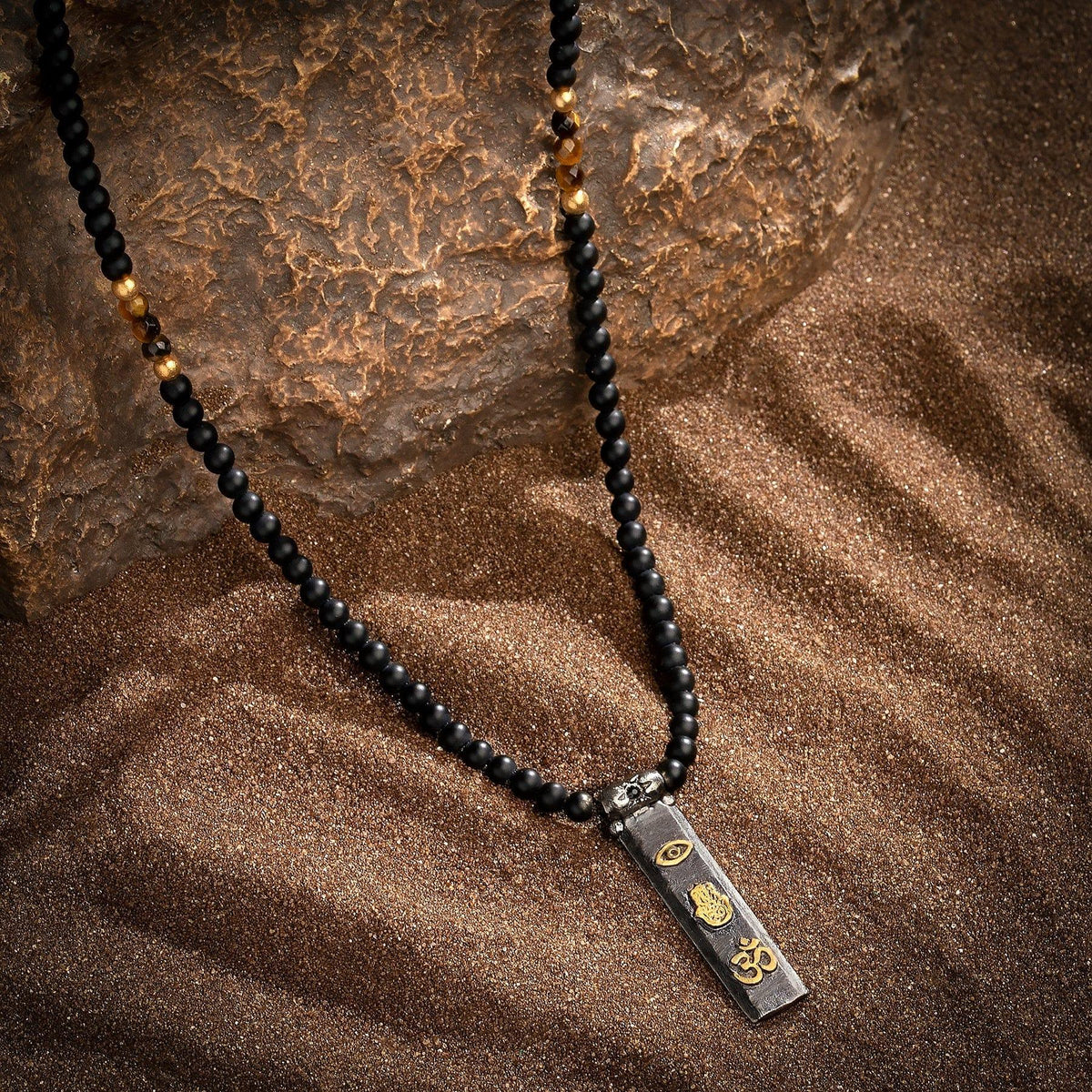 Karma and Luck  Necklaces - Mens  -  Divine Energy - Onyx Tiger's Eye Triple Protection Necklace