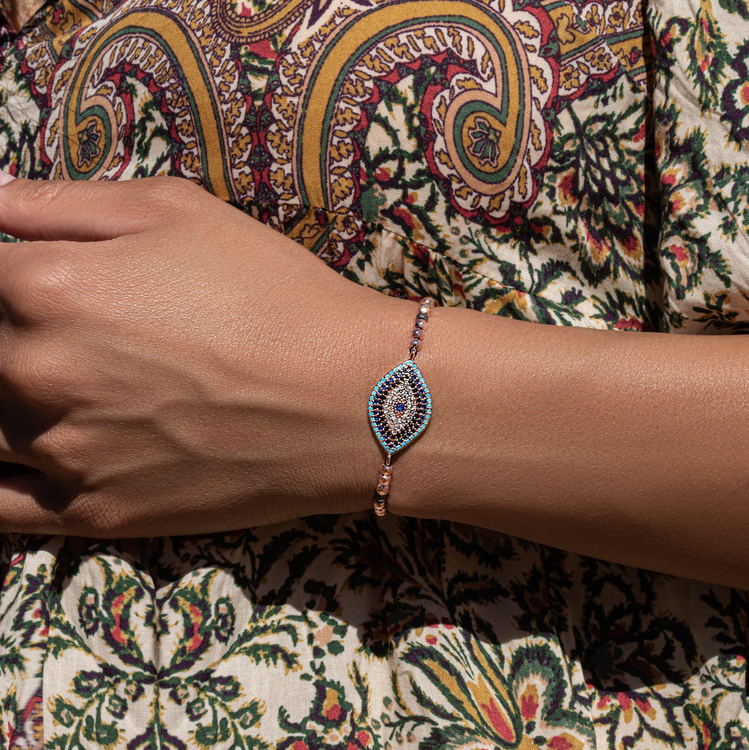 Karma and Luck  Bracelets - Womens  -  Spirit Warden - Hematite Evil Eye Charm Bracelet