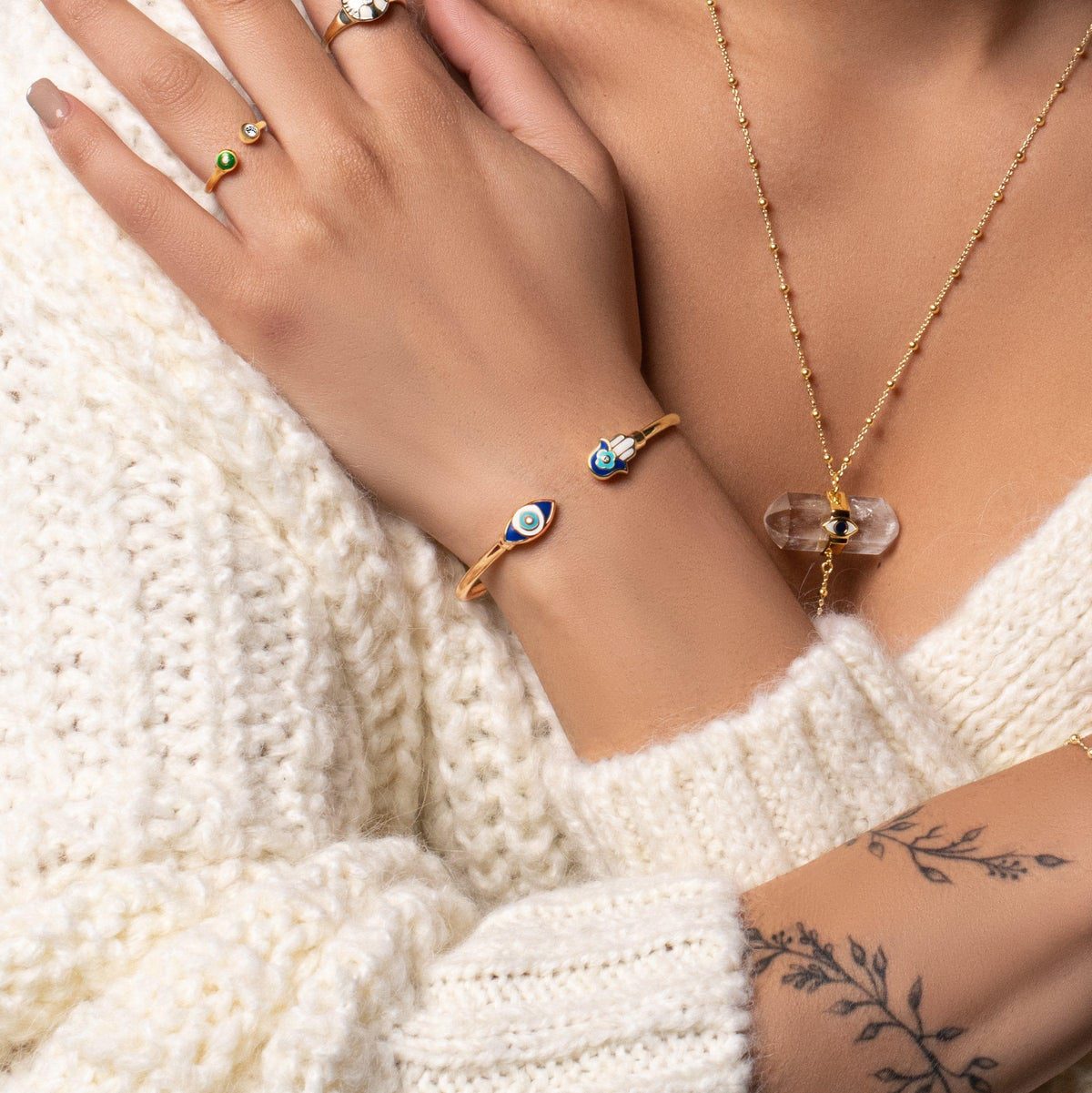 Karma and Luck  Bracelet  -  Positive Light - Enamel Hamsa Evil Eye Cuff