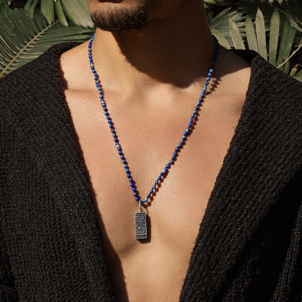 Karma and Luck  Necklaces - Mens  -  Spiritual Energy - Lapis Lazuli Hamsa Pendant Necklace