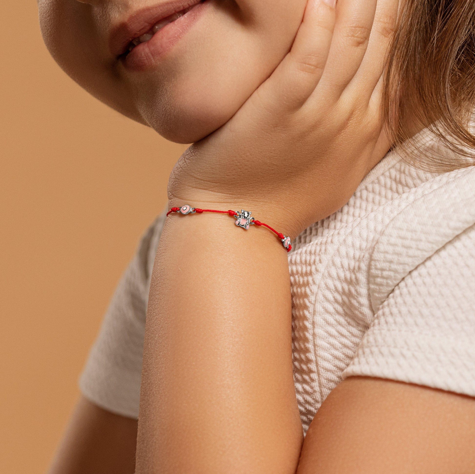 Karma and Luck  Kids  -  Sincere Mind - Silver Teddy Evil Eye Kids Red Bracelet
