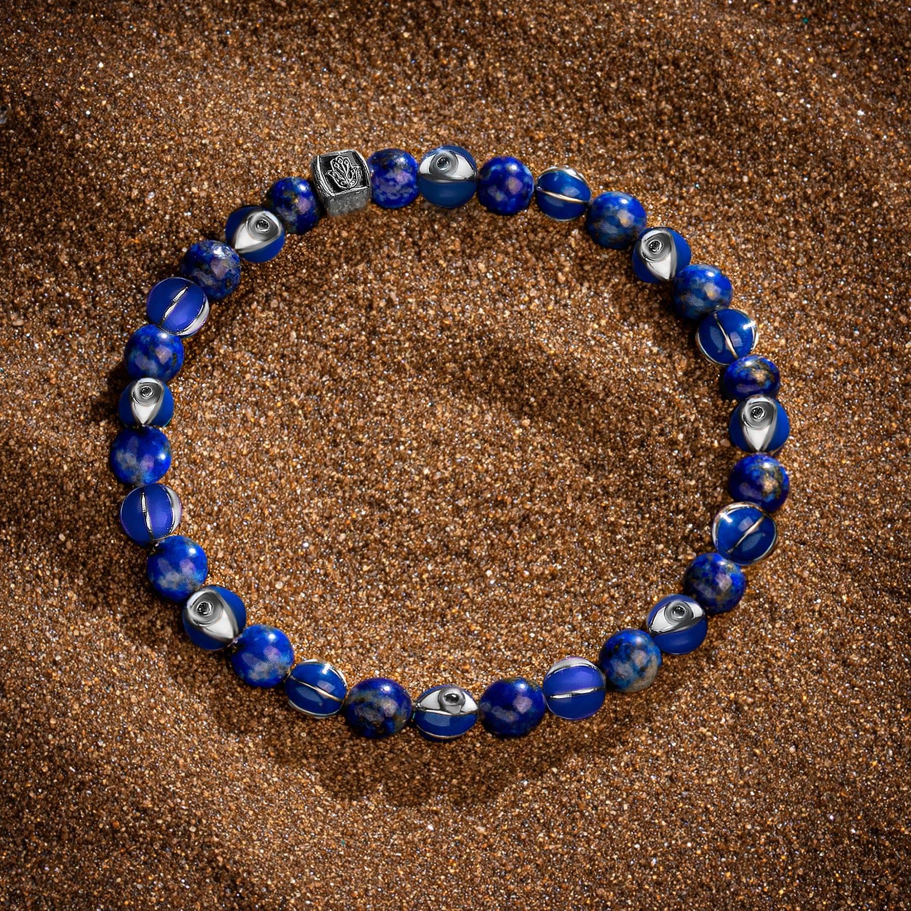Karma and Luck  Bracelets - Mens  -  Rhodium Plated Brass 6mm Navy Enamel & Lapis Evil Eye Bracelet
