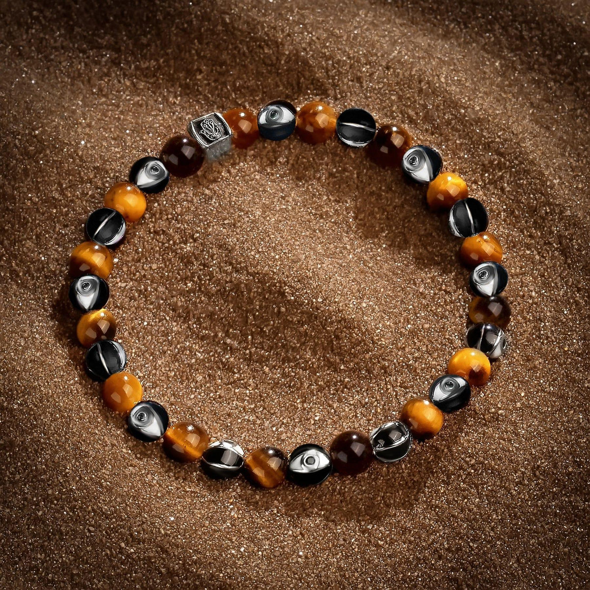 Karma and Luck  Bracelets - Mens  -  Rhodium Plated Brass 6mm Blk Enamel & Tiger Eye Evil Eye Bracelet